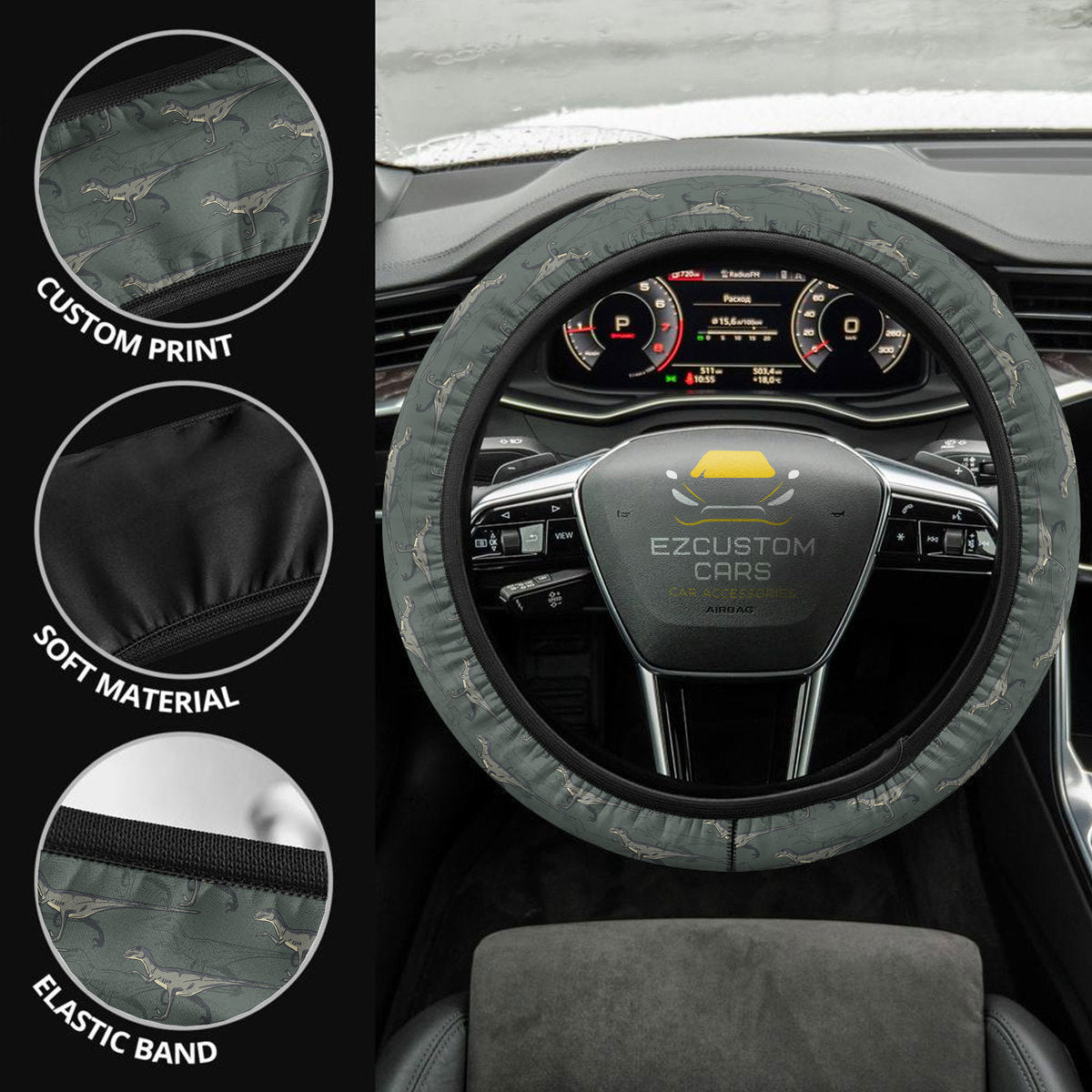 Velociraptor Pattern Steering Wheel Cover Custom Dinosaur Car Accessories