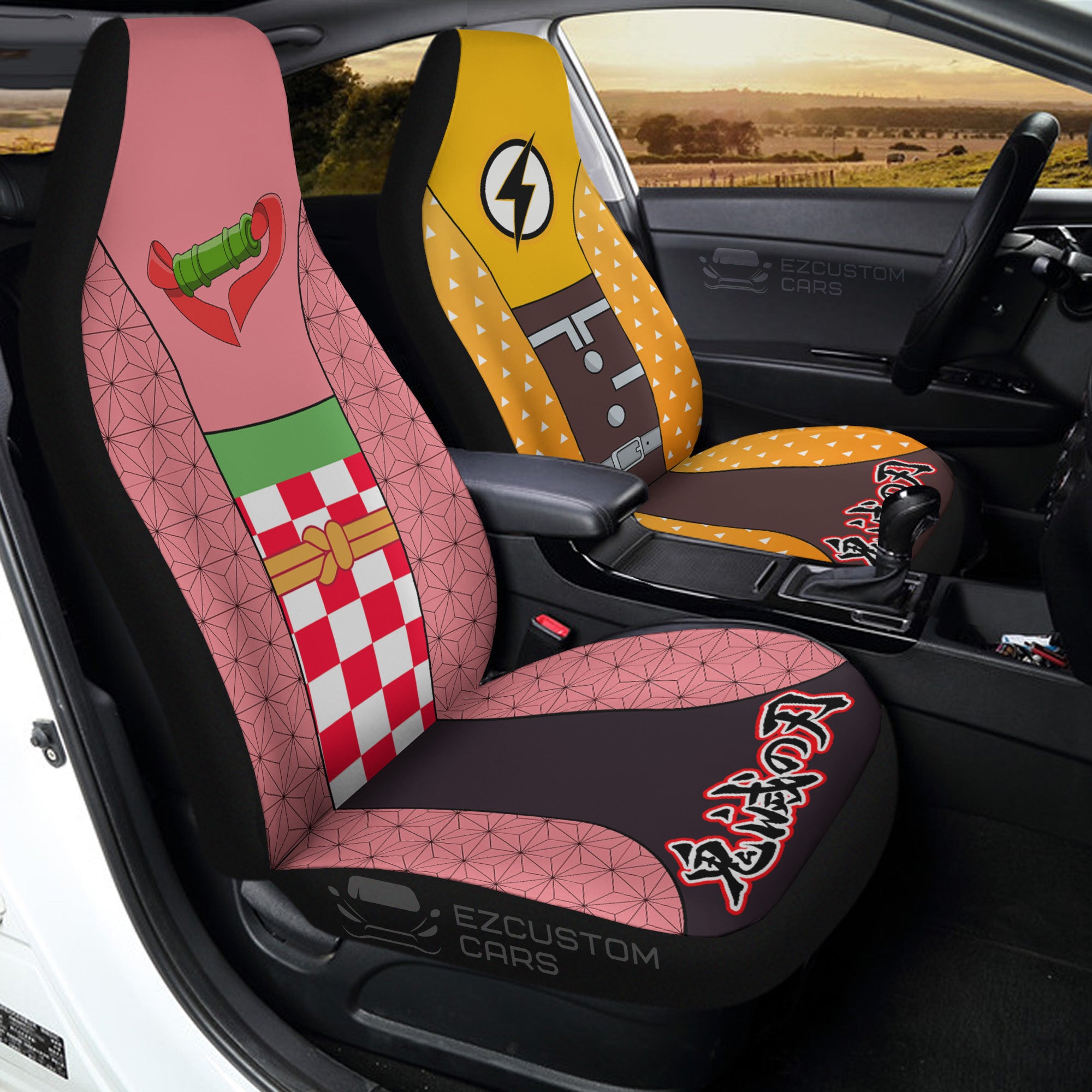 Zenitsu Agatsuma x Nezuko Kamado Pattern Car Seat Covers Custom Demon Slayer Car Accessories